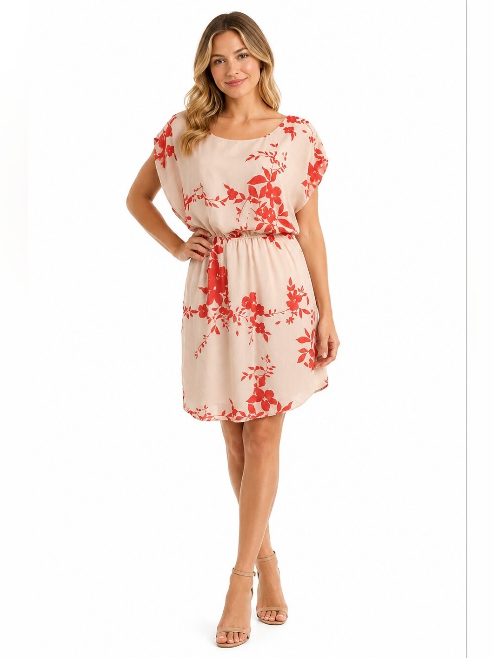 Myan Women's Peach Orange Blossom Dress Gathered Waist Size Small
